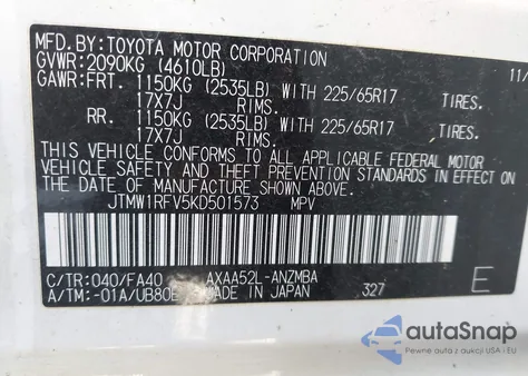 2019 Toyota Rav4 Xle z USA, uszkodzony, nr VIN JTMW1RFV5KD501573